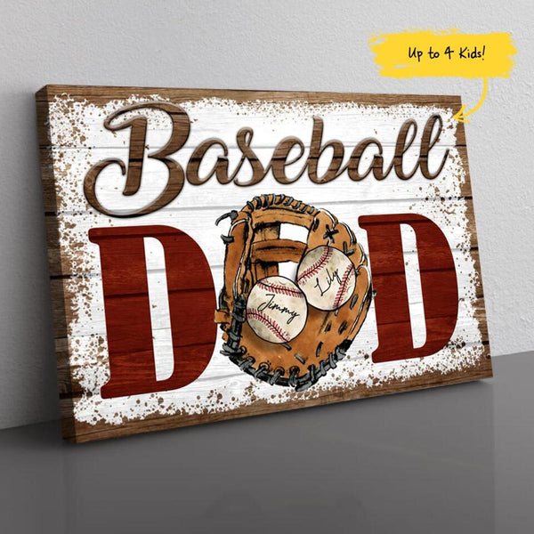 (Up to 4 Kids) Baseball Dad Personalized Father's Day Gift For Dad Stepdad Baseball Lover Canvas Poster Framed