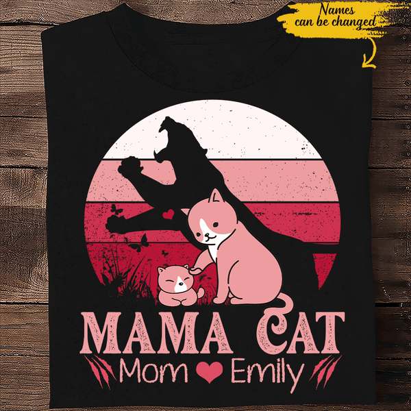 Mama Cat Mother's Day Retro Vintage Custom Name Personalized T-shirt Gift For Mom