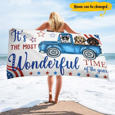 Funny It's The Most Wonderful Time Of The Year Independence Day American Flag Freedom Gift For Dog Lovers Custom Dog Breed Personalized Beach Towel
