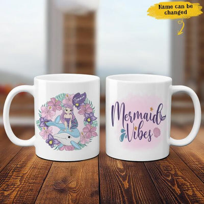 Cute Mermaid Vibes Cartoon Dolphin Summer Trip Gift For Sister Friends Custom Name Personalized Coffee Mug