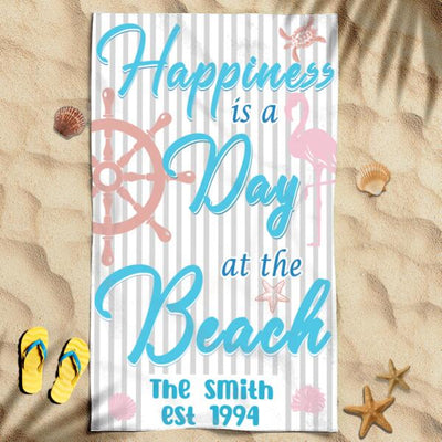Happiness Is A Day At The Beach Summer Trip With Family Friends Flamingo Turtle Ocean Custom Name & Year Personalized Beach Towel