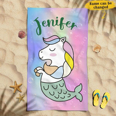 Funny Mermaid Unicorn Awesome Summer Vacation Gift For Kids Custom Name Personalized Beach Towel