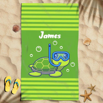Cute Turtle Diving Awesome Summer Vacation Gift For Kids Custom Name Personalized Beach Towel