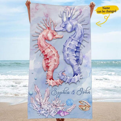 Sea Horse Couple Awesome Summer Trip Gift For Husband Wife Newly Weds Honeymoon Custom Name Personalized Beach Towel