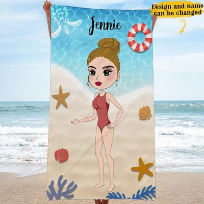 Chibi Girl Enjoy Summer Trip Ocean Gift For Girls Custom Style & Name Personalized Beach Towel