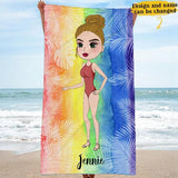 Chibi Girl Enjoy Summer Trip Tree Tropical Pattern LBGT Gift For Girls Custom Style & Name Personalized Beach Towel