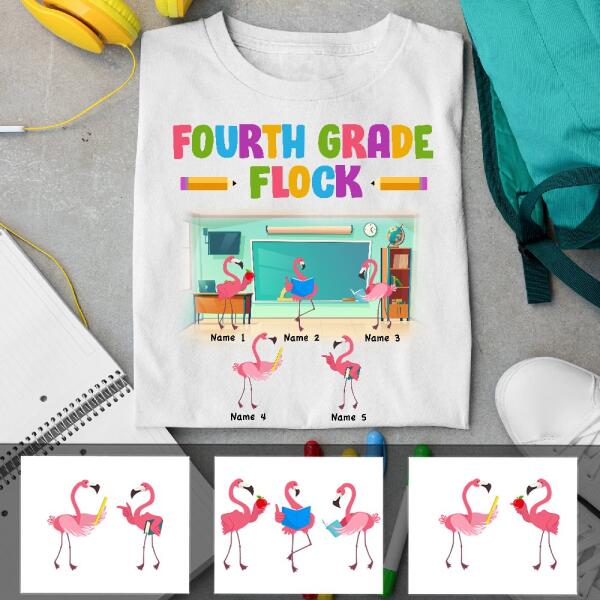 Flamingo Flock Teacher Staff Back To School Elementary School Kindergarten Gift For Teacher Custom Name Personalized T-shirt