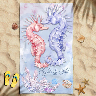 Sea Horse Couple Awesome Summer Trip Gift For Husband Wife Newly Weds Honeymoon Custom Name Personalized Beach Towel