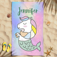 Funny Mermaid Unicorn Awesome Summer Vacation Gift For Kids Custom Name Personalized Beach Towel