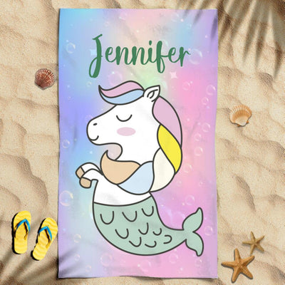 Funny Mermaid Unicorn Awesome Summer Vacation Gift For Kids Custom Name Personalized Beach Towel