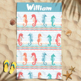 Cute Cartoon Sea Horse Gift For Kids Awesome Summer Trip Custom Name Personalized Beach Towel