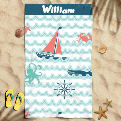 Boat Trip Ocean Crab Octopus Shark Awesome Summer Vacation Gift For Kids Custom Name Personalized Beach Towel