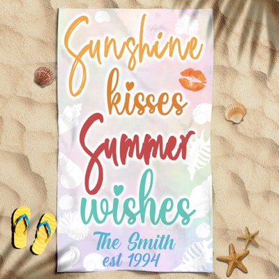 Sunshine Kisses Summer Wishes Awesome Trip With Family Couple Friend Custom Name & Year Personalized Beach Towel