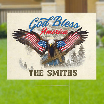 God Bless America Strong Eagle American Flag Freedom Gift Decor Custom Family Name Personalized Yard Sign