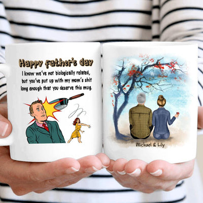 (Custom Name & Illustration) Thanks For Putting Up With My Mom Funny Personalized Father's Day Gift For Stepdad From Stepdaughter Bonus Dad Mug
