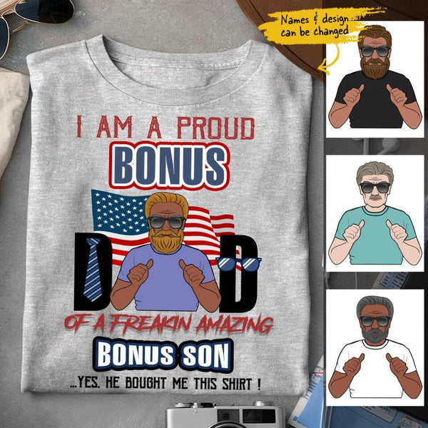 (Custom Name & Illustration) Am A Proud Bonus Dad Of A Freakin Awesome Bonus Son Personalized Father's Day Gift For Stepdad From Stepson Customize Shirt