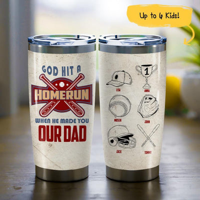 (Up To 6 Kids) God Made A Homerun Baseball Personalized Father's Day Gift For Dad Stepdad Custom Name Bonus Dad Tumbler 20oz Insulated Cup