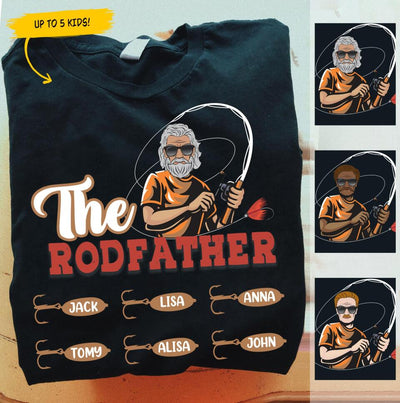 (Up to 6 Kids) The Rodfather Funny Personalized Father's Day Gift For Dad Stepdad Fishing Lovers Custom Name Shirt