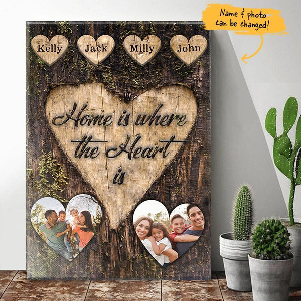 (Custom Names & Photo) Home Is Where The Heart Is Wood Heart Personalized Father's Day Gift For Dad Stepdad Family Gift Canvas Poster Framed