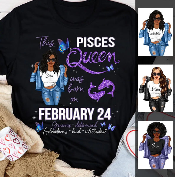 Pisces Personalized February Birthday Gift For Her Custom Birthday Gift Black Queen Customized March Birthday T-Shirt Hoodie Dreameris