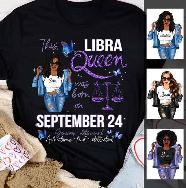 Libra Personalized October Birthday Gift For Her Custom Birthday Gift Black Queen Customized September Birthday T-Shirt Hoodie Dreameris