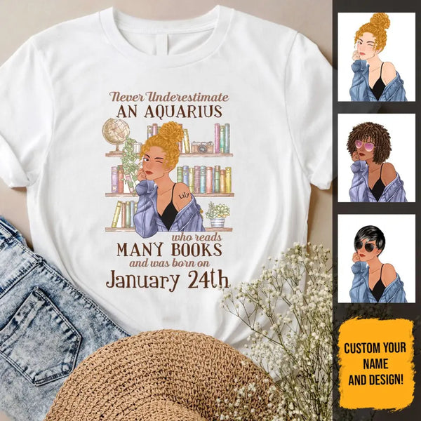 (Custom Your Birthday) Aquarius Book Lovers Personalized January Birthday Gift For Her Custom Birthday Gift Black Queen Customized February Birthday T-Shirt Hoodie Dreameris