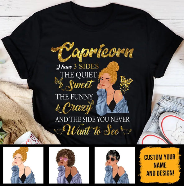 Capricorn I Have 3 Sides Personalized January Birthday Gift For Her Custom Birthday Gift Black Queen Customized December Birthday T-Shirt Hoodie Dreameris