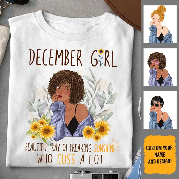 December Girl Sunflower Personalized December Birthday Gift For Her Custom Birthday Gift Black Queen Customized December Birthday T-Shirt Hoodie Dreameris