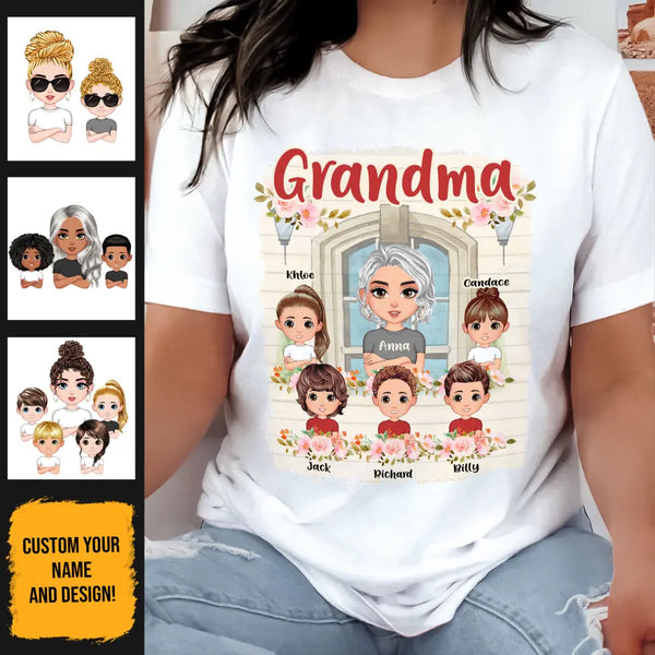 (Up to 12 Kids) Dolls Chibi Gift For Mom Grandma Nana Gigi Flower Custom Name Personalized Mother's Day Shirt Long Sleeve Hoodie