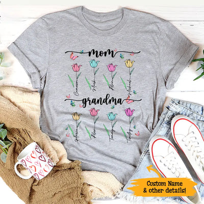 (Up to 8 Grandkids) Tulips Flower Easter Gift For Mom Grandma Nana Gigi Custom Title & Name Personalized Mother's Day Shirt Long Sleeve Hoodie