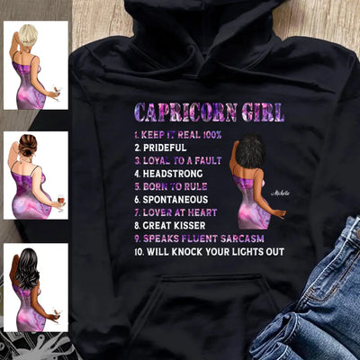 Capricorn Girl Personalized January Birthday Gift For Her Custom Birthday Gift Black Queen Customized December Birthday T-Shirt Hoodie Dreameris