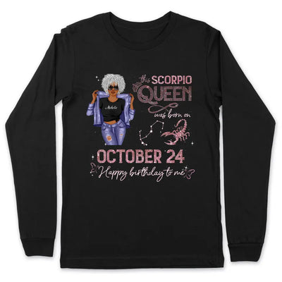 (Custom Birth Date) Scorpio Personalized October Birthday Gift For Her Custom Birthday Gift Black Queen Customized November Birthday T-Shirt Hoodie Dreameris