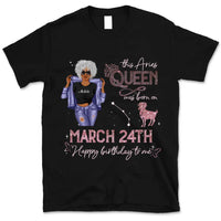 (Custom Birth Date) Aries Personalized April Birthday Gift For Her Custom Birthday Gift Black Queen Customized March Birthday T-Shirt Hoodie Dreameris