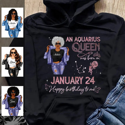 (Custom Birth Date) Aquarius Personalized February Birthday Gift For Her Custom Birthday Gift Black Queen Customized January Birthday T-Shirt Hoodie Dreameris