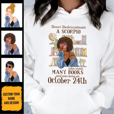 (Custom Your Birthday) Scorpio Book Lovers Personalized November Birthday Gift For Her Custom Birthday Gift Black Queen Customized October Birthday T-Shirt Hoodie Dreameris