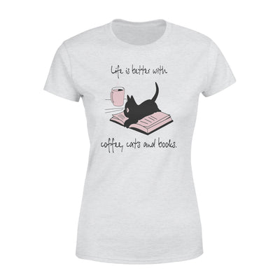 Nice Black Cat Life If Better With Coffee Cute Cats And Books - Premium Women's T-shirt - Dreameris