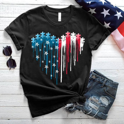 American Flag Puzzle Pieces Heart Shape Cotton T-Shirt - Dreameris