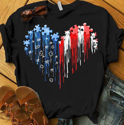 Beautiful Autism Awareness Symbol With America Flag Shaping Heart Black Men Women Cotton T Shirt - Dreameris