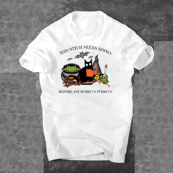 Cat This Witch Needs Books Before Any Hurrcus Purrcus Halloween Gift Book Lovers T-shirt - Dreameris