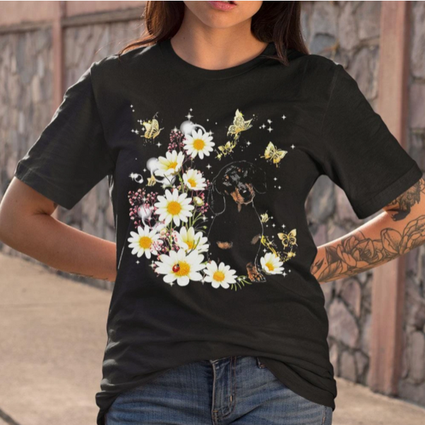 Dachshund Dog Butterfly And Flower Cute dog Gift Dog Lovers T shirt - Dreameris