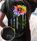 God Faith Hope Love Sunflower Us Flag Heart Beat Cotton T Shirt - Dreameris