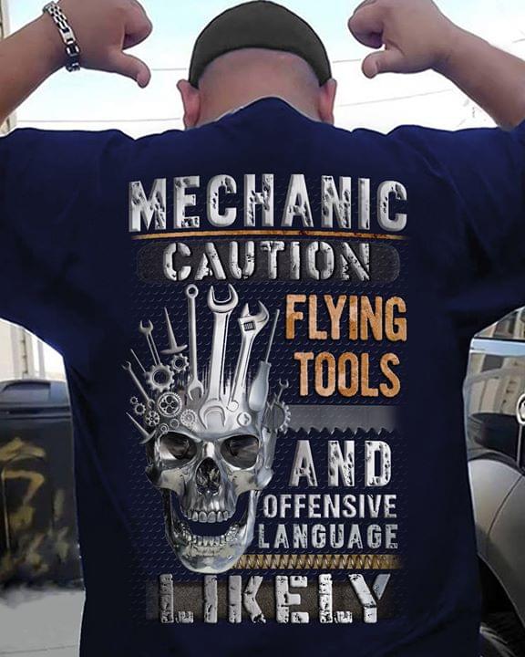 Mechanic Caution Flying And Offensive Language Skull Standard T-shirt