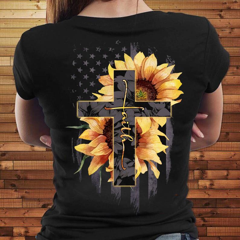 Dreamship Sunflower Faith Cross American Flag Christian T Shirt Women T-Shirt Hoodie Premium T-Shirt / Black / 3XL