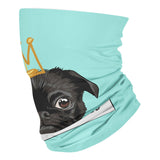 Cartoon black pug dog holding sign and crown - Neck Gaiter - Dreameris