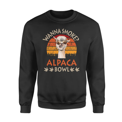 Wanna Smoke Alpaca Bowl Funny Llama Is Smoking - Premium Crew Neck Sweatshirt - Dreameris